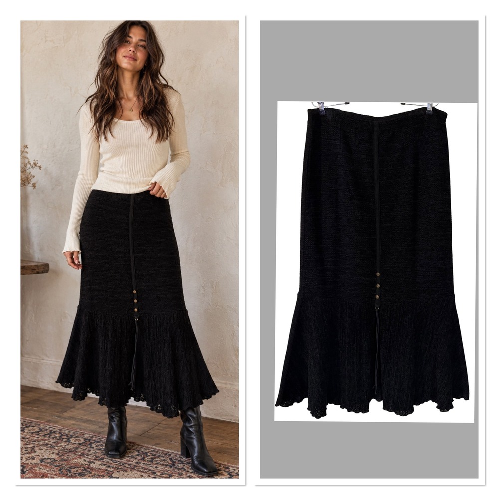 Vtg Black Chenille Knit Mermaid Maxi Skirt Ruffle Hem Whimsigoth Grunge Witch XL